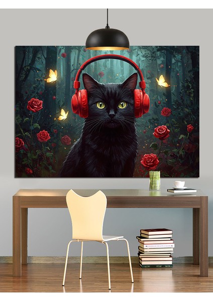 Kara Kedi Kulaklık Müzik Dekoratif Kanvas - Mdf Ahşap Tablo