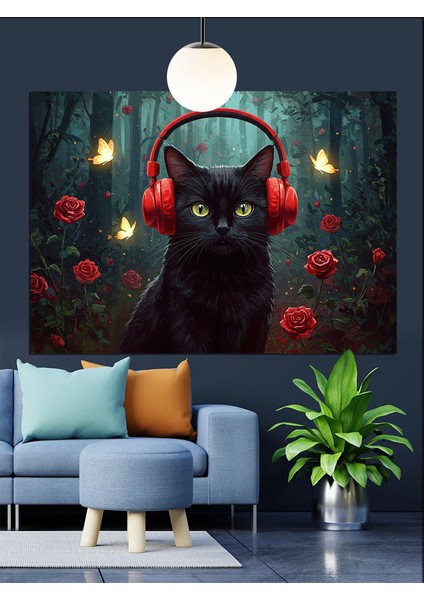 Kara Kedi Kulaklık Müzik Dekoratif Kanvas - Mdf Ahşap Tablo fiyatları