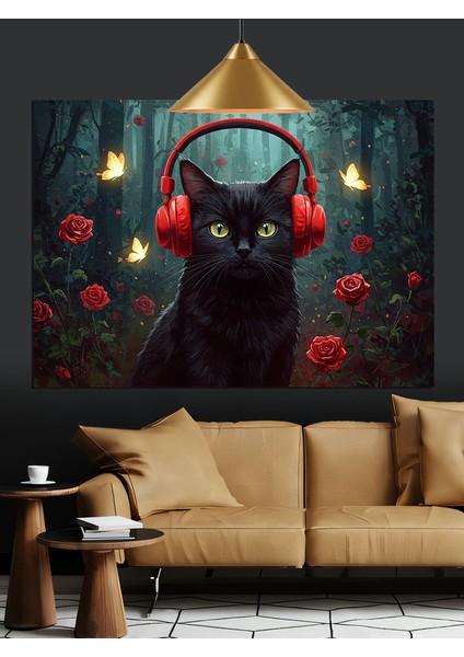 Kara Kedi Kulaklık Müzik Dekoratif Kanvas - Mdf Ahşap Tablo modelleri