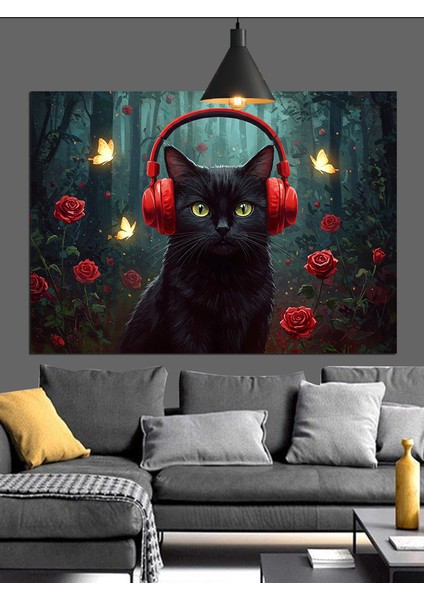 Kara Kedi Kulaklık Müzik Dekoratif Kanvas - Mdf Ahşap Tablo fırsatları