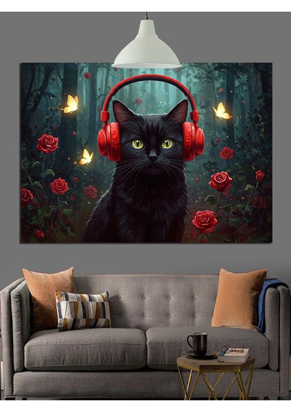Kara Kedi Kulaklık Müzik Dekoratif Kanvas - Mdf Ahşap Tablo indirimleri