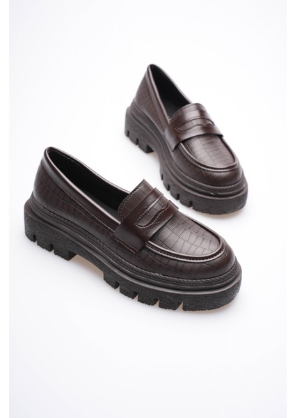 Kadın Deri Loafer Oxford Krokodil Desenli Kalın Comfort Tabanlı Kahve Carmin