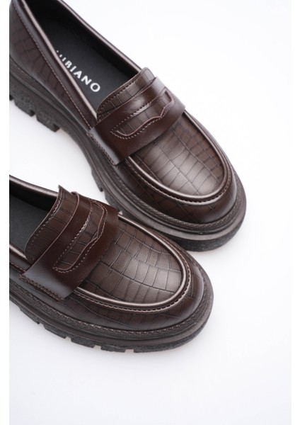 Kadın Deri Loafer Oxford Krokodil Desenli Kalın Comfort Tabanlı Kahve Carmin fırsatları
