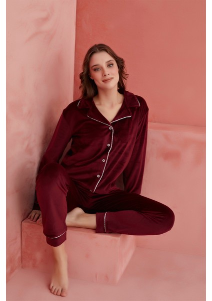 Calia 8705 Kadife Uzun Kollu Gömlek Yaka Düğmeli Kadın Pijama Takımı