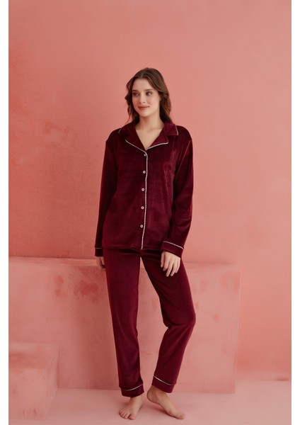 Calia 8705 Kadife Uzun Kollu Gömlek Yaka Düğmeli Kadın Pijama Takımı fiyatları