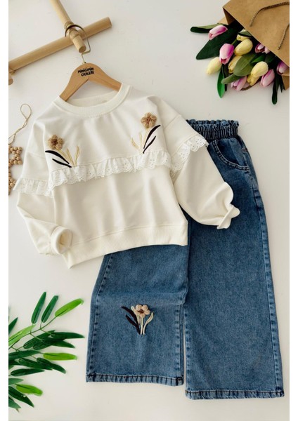 Papatya Örgü Fisto Detaylı Kız Çocuk Bol Pantolonlu takım - Mavi