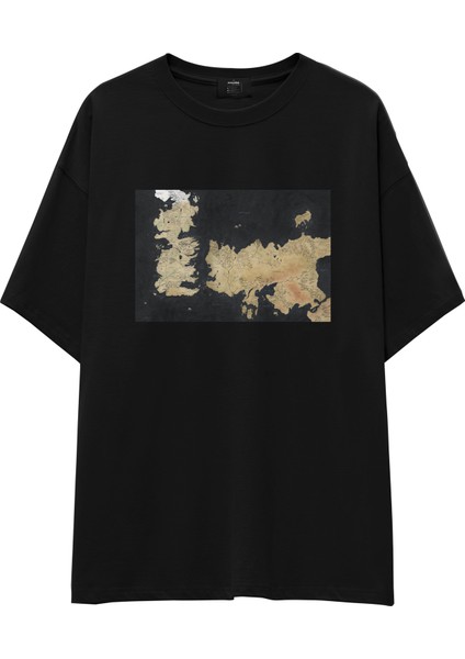 Game Of Thrones Map Oversize Tişört - Siyah