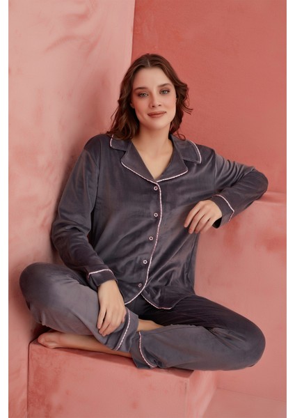 Calia 8705 Kadife Uzun Kollu Gömlek Yaka Düğmeli Kadın Pijama Takımı