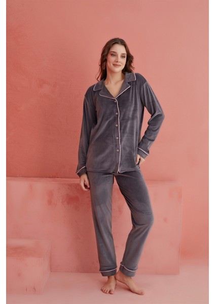 Calia 8705 Kadife Uzun Kollu Gömlek Yaka Düğmeli Kadın Pijama Takımı fiyatları