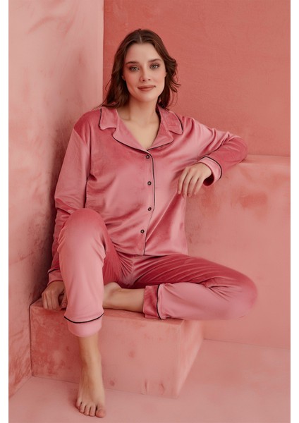 Calia 8705 Kadife Uzun Kollu Gömlek Yaka Düğmeli Kadın Pijama Takımı
