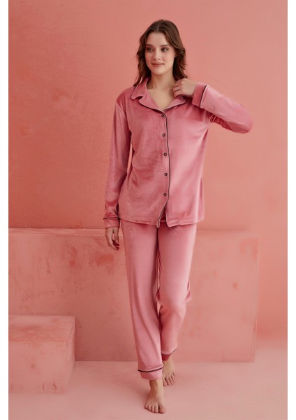 Calia 8705 Kadife Uzun Kollu Gömlek Yaka Düğmeli Kadın Pijama Takımı fiyatları