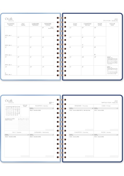 2026 18X20 Spiralli Haftalık Kare Ajanda 12 Aylık - Mavi Aura