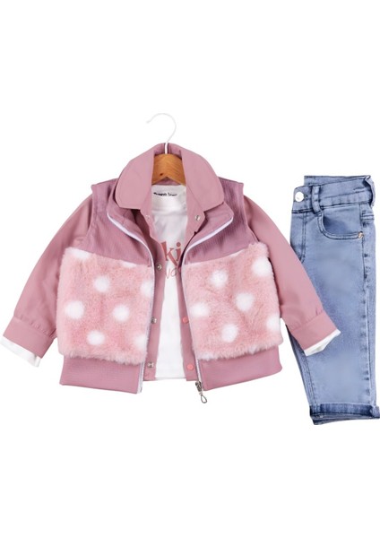 Pempe Kürklü Yelekli 4'lü Takım & Kız Bebe (6-24 Ay) Peluş Takım