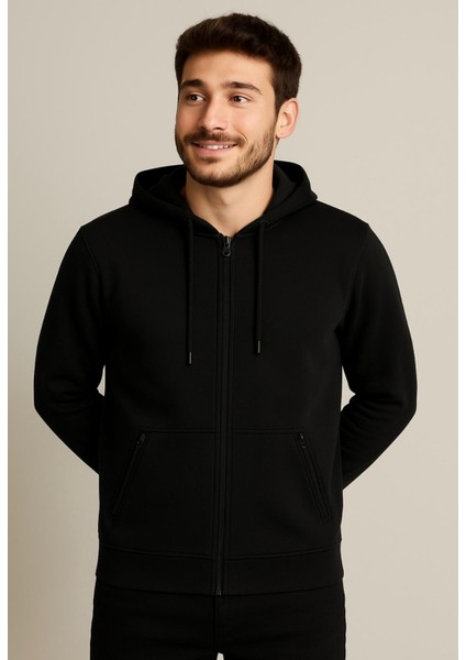 Erkek Siyah Fermuarlı Kapüşonlu SWEATSHIRT-W1148