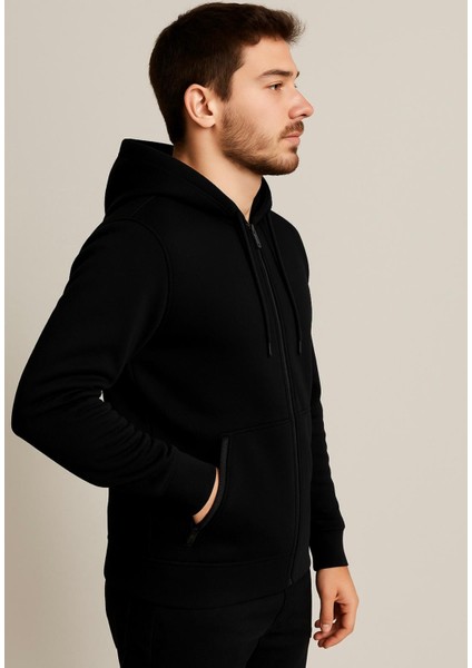 Erkek Siyah Fermuarlı Kapüşonlu SWEATSHIRT-W1148 fiyatları