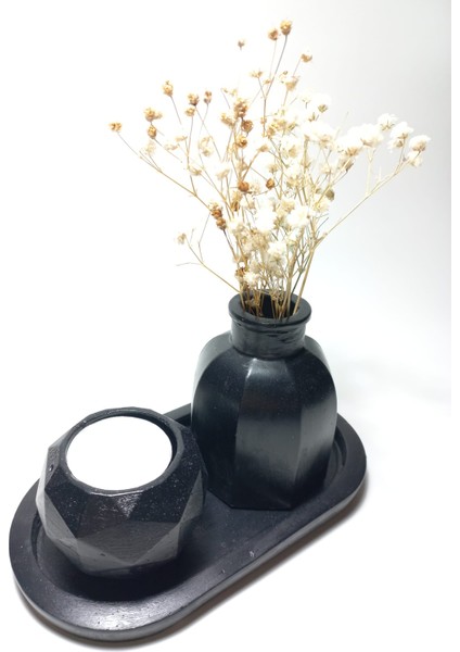 Geometrik Mumluk ve Vazo Dekoratif Tabaklı Set Siyah modelleri