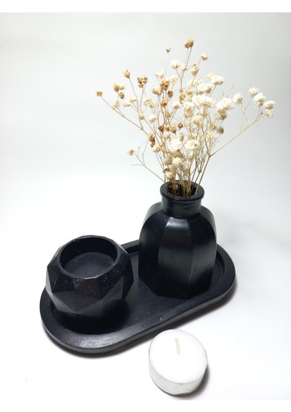 Geometrik Mumluk ve Vazo Dekoratif Tabaklı Set Siyah indirimleri