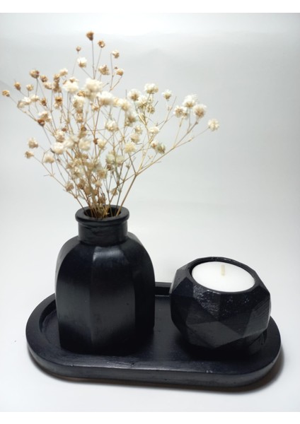 Geometrik Mumluk ve Vazo Dekoratif Tabaklı Set Siyah