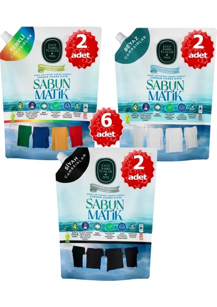 - X6 Adet Sabun Matik™doğal Zeytinyağlı Çamaşır Yıkama Sıvısı 2 Siyah 1,5 Lt-2 Beyaz 1,5 Lt- 2 Renkli 1,5lt