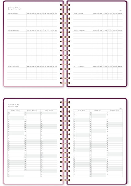 2026 Spiralli Günlük Ajanda 12 Aylık – 17X24 cm Mürdüm