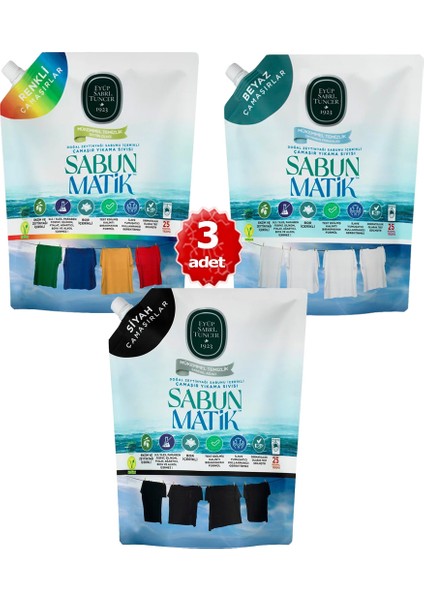 - X3 Adet Sabun Matik™doğal Zeytinyağlı Çamaşır Yıkama Sıvısı Siyah 1,5 Lt-Beyaz 1,5 Lt-Renkli 1,5lt