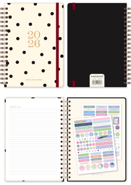 2026 Spiralli Günlük Ajanda 12 Aylık – 17X24 cm Puantiye