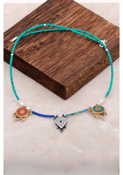 Doğal Taşlı Mozaik İşlemeli Gümüş Kolye 6529