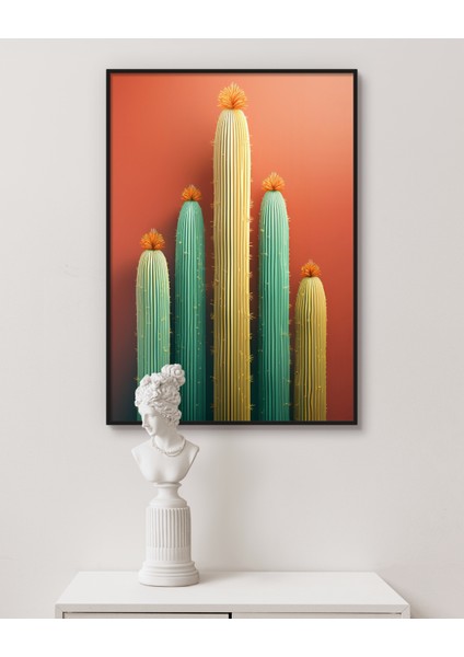 Metal Çerçeveli Gerçek Camlı Tablo, Kaktüs Temalı Dijital Baskı, Salon, Oturma Odası Tablo