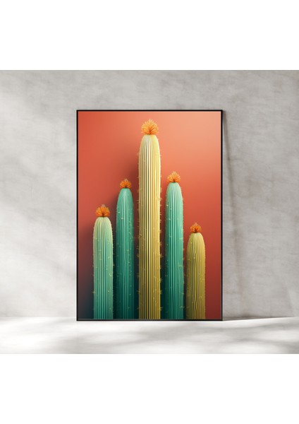 Metal Çerçeveli Gerçek Camlı Tablo, Kaktüs Temalı Dijital Baskı, Salon, Oturma Odası Tablo fiyatları