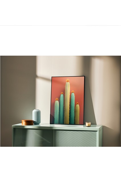 Metal Çerçeveli Gerçek Camlı Tablo, Kaktüs Temalı Dijital Baskı, Salon, Oturma Odası Tablo fırsatları