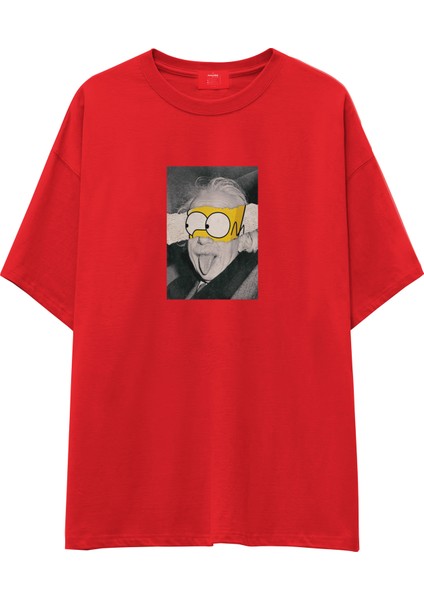 Albert Einstein / Homer Simpson Oversize Tişört - Kırmızı