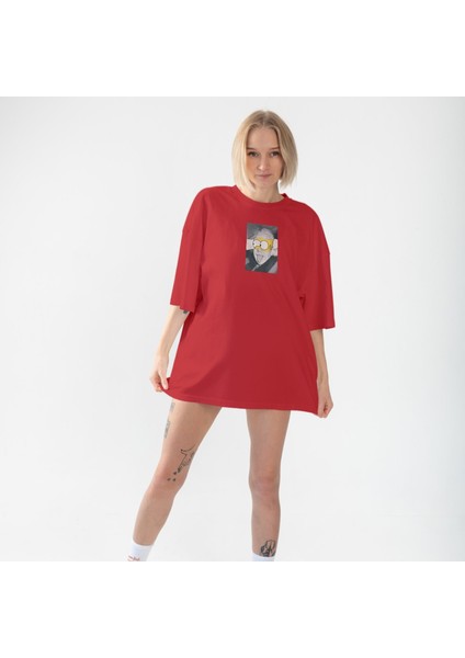 Albert Einstein / Homer Simpson Oversize Tişört - Kırmızı fiyatları