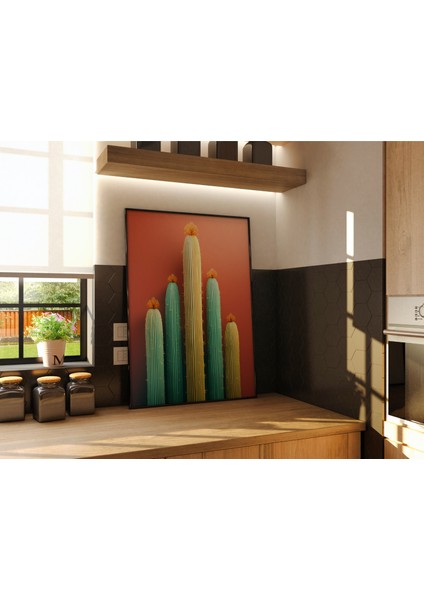 Metal Çerçeveli Gerçek Camlı Tablo, Kaktüs Temalı Dijital Baskı, Salon, Oturma Odası Tablo