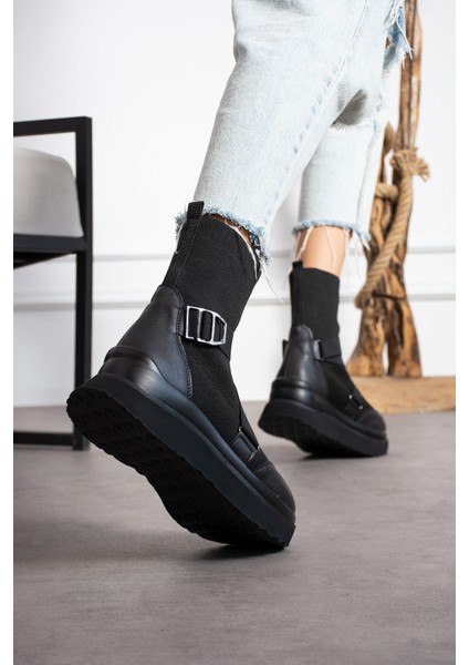 Katiana Kadın Siyah Lastik Detaylı Rahat Kalın Taban Triko Spor Bot fiyatları