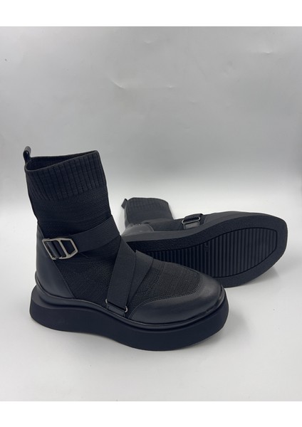 Katiana Kadın Siyah Lastik Detaylı Rahat Kalın Taban Triko Spor Bot modelleri