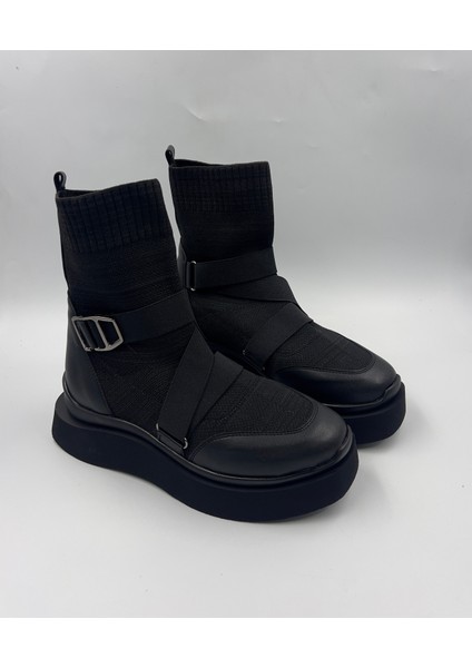 Katiana Kadın Siyah Lastik Detaylı Rahat Kalın Taban Triko Spor Bot indirimleri