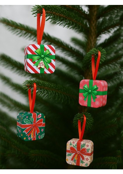 Hediye Paketi Şeklinde Yılbaşı Ağaç Süsü Metal Hediye Kutusu Set 4'lü