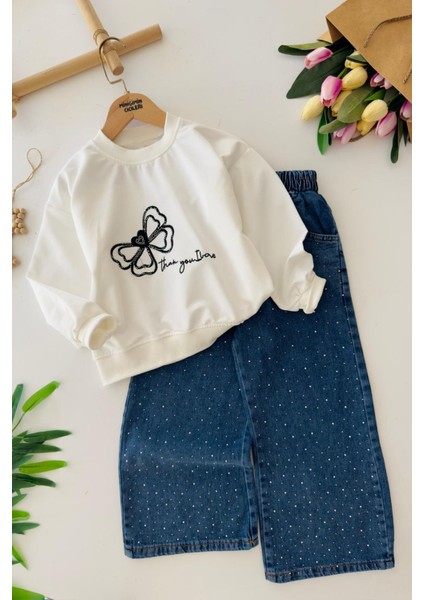 Kelebek Nakış Detaylı Kız Çocuk Bol Taşlı Pantolonlu takım - Mavi fiyatları