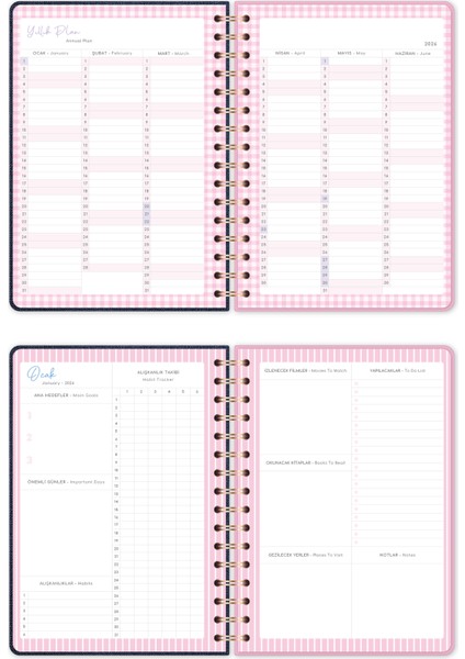 2026 A5 Spiralli Renkli Haftalık Ajanda 12 Aylık – Motivasyon Sayfalı Ayıcık