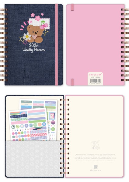 2026 A5 Spiralli Renkli Haftalık Ajanda 12 Aylık – Motivasyon Sayfalı Ayıcık