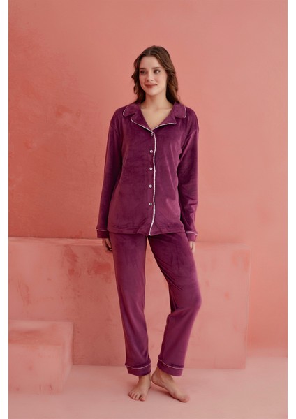 Calia 8705 Kadife Uzun Kollu Gömlek Yaka Düğmeli Kadın Pijama Takımı