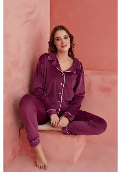 Calia 8705 Kadife Uzun Kollu Gömlek Yaka Düğmeli Kadın Pijama Takımı fiyatları