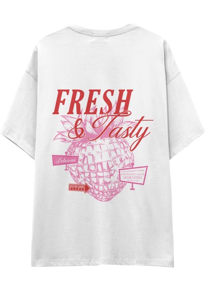 Fresh & Tasty Oversize Tişört - Beyaz