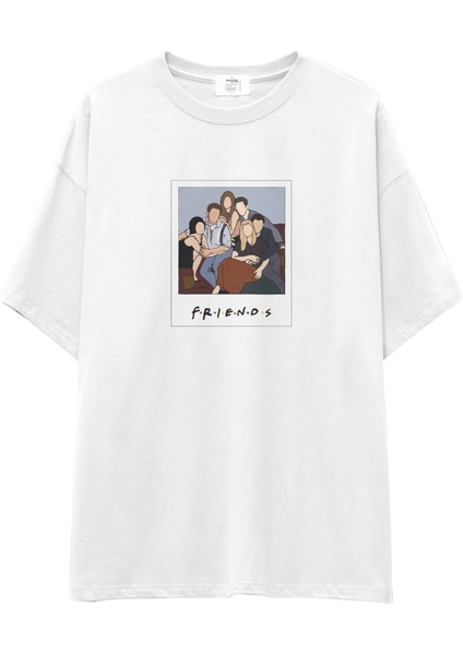 Friends Silüetli Oversize Tişört - Beyaz