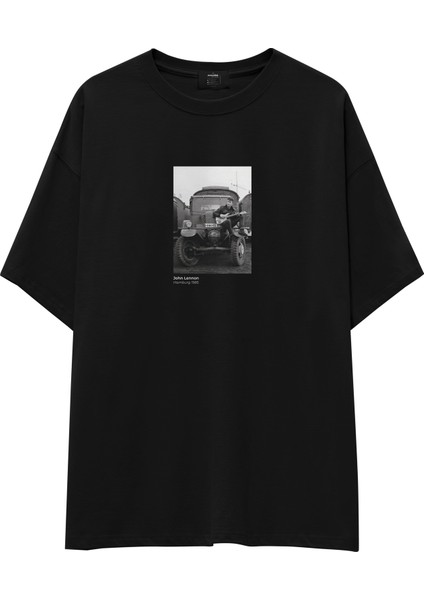 John Lennon Hamburg 1985 Oversize Tişört - Siyah