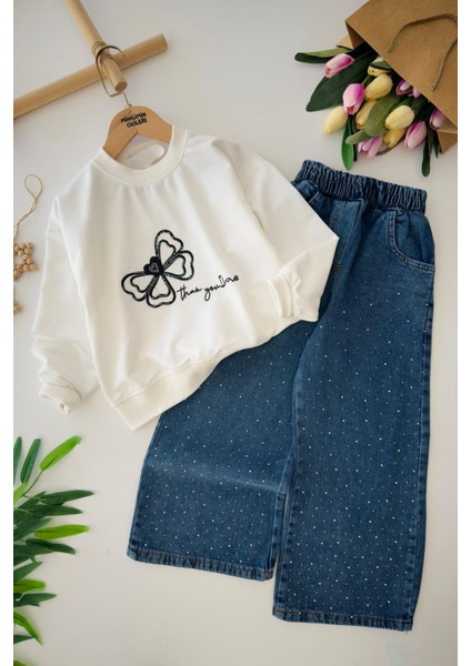 Kelebek Nakış Detaylı Kız Çocuk Bol Taşlı Pantolonlu takım - Mavi