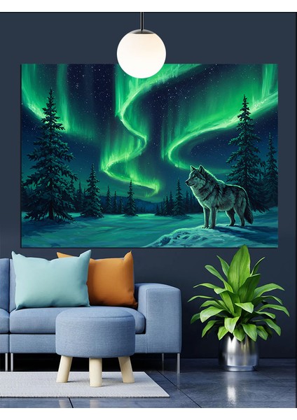Kuzey Işıkları Kurt Manzarası Dekoratif Kanvas - Mdf Ahşap Tablo fiyatları