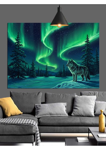 Kuzey Işıkları Kurt Manzarası Dekoratif Kanvas - Mdf Ahşap Tablo fırsatları