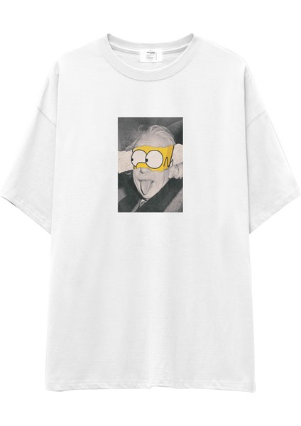 Albert Einstein / Homer Simpson Oversize Tişört - Beyaz