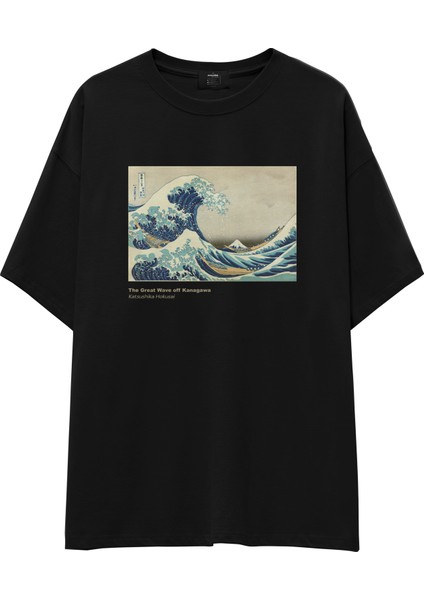 Kanagawa Oki Nami Ura Oversize Tişört -Siyah